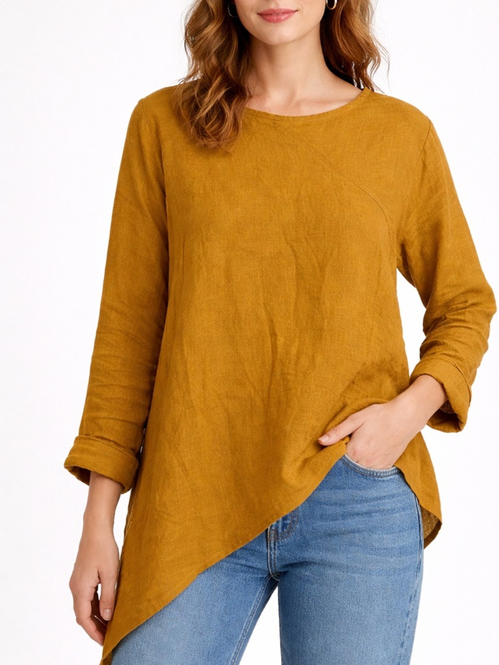 Kaliyana Mustard Asymmetric Long-Sleeve Women's Top